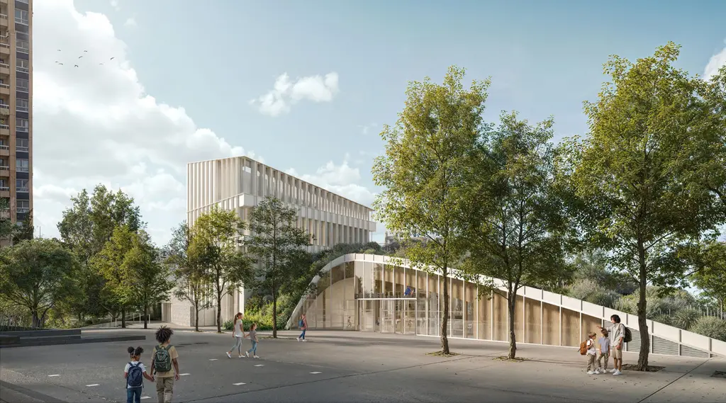 Vue de projet de la nouvelle école, avec notre immeuble
