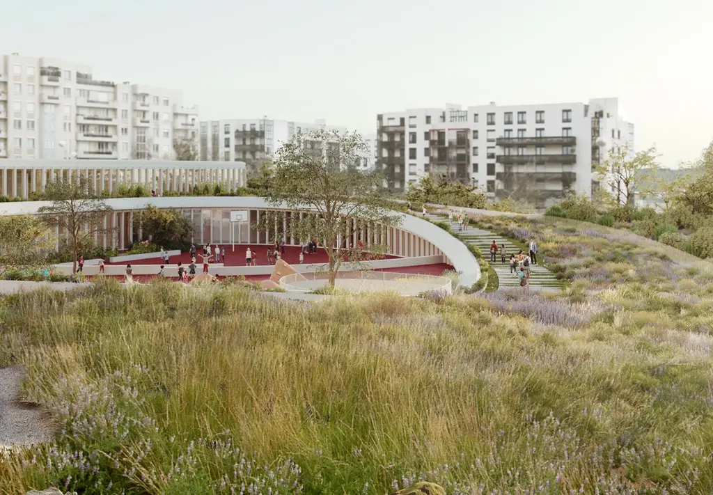 Vue de projet de la nouvelle école et de son parc